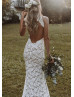 High Neck Ivory Lace Slit Floral Wedding Dress